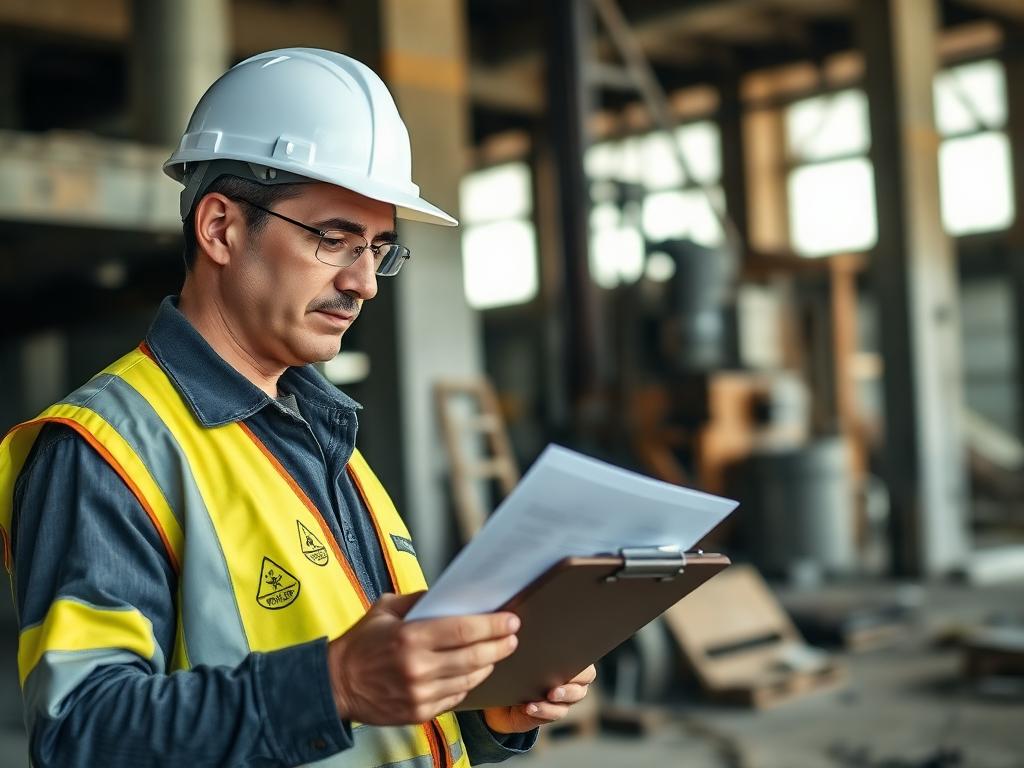 Construction worker reviewing paperwork on a job site