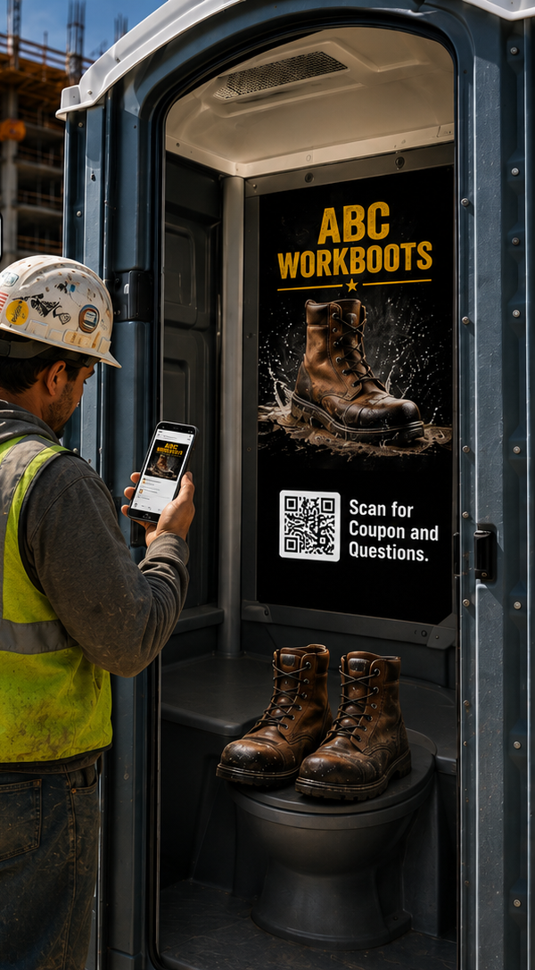 ABC Workboots ad mounted on a job-site porta-potty, with a worker scanning the QR code